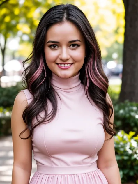 Paparazzi photograph, ((closeup photo of the face and upper body:1.3)) of DanicaMcKellar <lora:DanicaMcKellar_M1:1.0> ((short:1.2) petite young woman:1.3), (standing in a beautiful park:1.3)
BREAK
((cinematic analog style portrait:1.3)), (laced, intricate, alluring, simple:1.3), ((super pink:1.3)), (turtleneck midi dress:1.3)
BREAK
(medium rounded breasts:1.2), (tense smile:1.3), (good teeth), (round cheeks:1.2), (detailed natural lips:1.3), (red lips), (highly detailed facial features:1.3), ((long wavy:1.3) super black hair:1.2)), (beautiful black eyes), (eye makeup:1.2), (big innocent eyes), (wide hips:1.3), (minor skin wrinkles:1.2)
BREAK
ambient lighting, natural lighting, volumetric lighting, (bokeh, blurry background:1.3), photorealistic, hires, 8k uhd, dslr, Fujifilm XT3, style by Flora Borsi, bright bold colors <lora:add_detail:0.75>