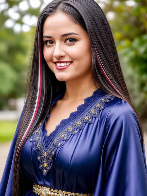 Paparazzi photograph, ((|full|medium full|medium} body shot:1.3)) of DanicaMcKellar <lora:DanicaMcKellar_M1:1.0> ((short:1.2) petite young woman:1.3), (standing in a beautiful park:1.3), ((front side angle view looking at the camera:1.3))
BREAK
((cinematic analog style portrait:1.3)), (full-sleeve, laced, intricate, alluring, silky:1.3), (super indigo:1.3), (dressed in Moroccan Caftan:1.3), <lora:Moroccan_Caftan:0.25>
BREAK
(medium rounded breasts:1.2), (tense smile:1.3), (perfect teeth:1.2), (detailed natural lips:1.3), (red lips:1.1), (highly detailed facial features:1.3), ((long straight highlights:1.2) super black hair:1.2)), (beautiful black glossy eyes:1.2), (eye makeup:1.2), (big innocent eyes:1.2), (wide hips:1.3), (minor skin wrinkles:1.2)
BREAK
ambient lighting, natural lighting, volumetric lighting, (bokeh, blurry background:1.3), photorealistic, hires, 8k uhd, dslr, Fujifilm XT3, style by Flora Borsi, bright bold colors <lora:add_detail:0.75>