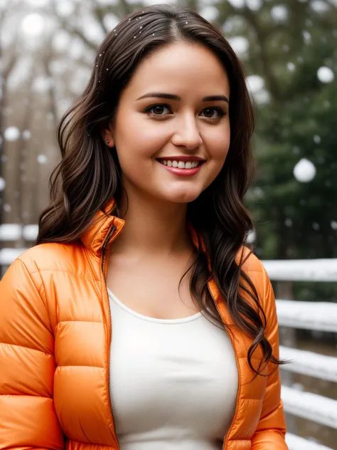 Paparazzi photograph, ((medium body shot:1.3)) of DanicaMcKellar <lora:DanicaMcKellar_M1:1.0> ((short:1.2) petite young woman:1.3), (standing in a beautiful park:1.3)
BREAK
((cinematic analog style portrait:1.3)), (laced, intricate, alluring, simple:1.3), ((super orange:1.3)), ((shirt with thick puffer jacket:1.3)), (snowing outside:1.3)
BREAK
(medium rounded breasts:1.2), (tense smile:1.3), (good teeth), (round cheeks:1.2), (detailed natural lips:1.3), (red lips), (highly detailed facial features:1.3), ((long wavy:1.3) super black hair:1.2)), (beautiful black eyes), (eye makeup:1.2), (big innocent eyes), (wide hips:1.3), (minor skin wrinkles:1.2)
BREAK
ambient lighting, natural lighting, volumetric lighting, (bokeh, blurry background:1.3), photorealistic, hires, 8k uhd, dslr, Fujifilm XT3, style by Flora Borsi, bright bold colors <lora:add_detail:0.75>
