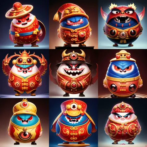 chinese style,big eye monster,((RAW photo)),((best quality)),full body,(photo-realistic:1.3),angry,(masterpiece),hat,jumpsuit,cartoon,4k,a lot of details,gradient color background,