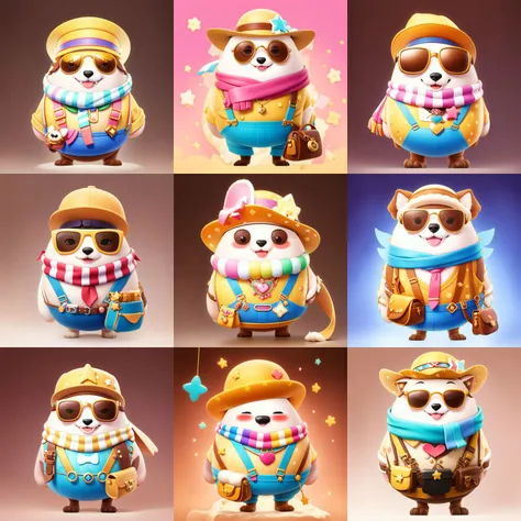 full body,1dog,((RAW photo)),((best quality)),(photo-realistic:1.3),(masterpiece),sunglasses,suspenders,hat,gems,scarf,furry,star-shaped glasses,cartoon,4k,a lot of details,smile,crossbody bag,gradient color background,rapping,