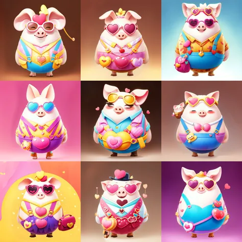 full body,1pig,((RAW photo)),((best quality)),(photo-realistic:1.3),(masterpiece),sunglasses,suspenders,gems,heart-shaped glasses,cartoon,4k,a lot of details,smile,crossbody bag,gradient color background,