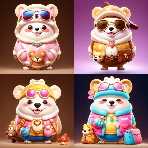 1dog,((RAW photo)),((best quality)),(photo-realistic:1.3),(masterpiece),sunglasses,jewelry,hat,gems,furry,bear clothes,cartoon,4k,a lot of details,smile,crossbody bag,gradient color background,full body,