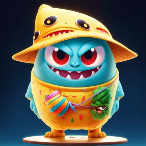 three-eyed monster,((RAW photo)),((best quality)),full body,(photo-realistic:1.3),angry,(masterpiece),hat,jumpsuit,cartoon,4k,a lot of details,gradient color background,