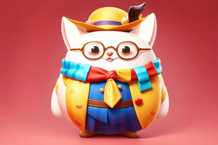 1cat,((RAW photo)),solo,full body,((best quality)),shadows and highlights,shirt,scarf,necktie,frame glasses,(photo-realistic:1.3),(masterpiece),hat,cartoon,4k,a lot of details,smile,gradient color background,