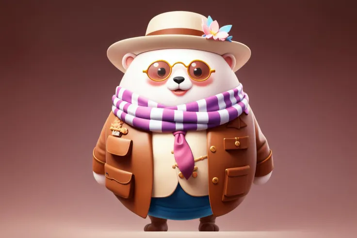 1bear,((RAW photo)),solo,full body,((best quality)),shadows and highlights,shirt,scarf,necktie,frame glasses,(photo-realistic:1.3),(masterpiece),hat,cartoon,4k,a lot of details,smile,gradient color background,