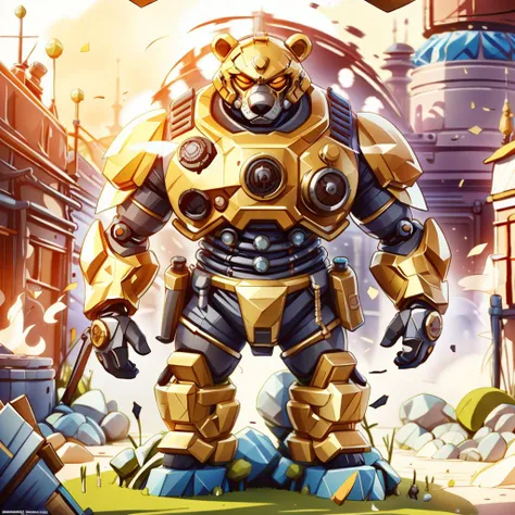 steampunk,hd picture,1bear,((RAW photo)),((best quality)),full body,(photo-realistic:1.3),angry,helmet,mecha,(masterpiece),cartoon,the background is the battlefield of the explosion,4k,a lot of details,
