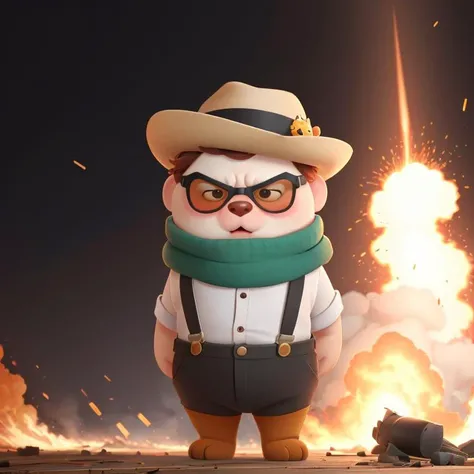hd picture,1bear,full body,((RAW photo)),((best quality)),(photo-realistic:1.3),angry,(masterpiece),sunglasses,suspenders,hat,scarf,cartoon,the background is the battlefield of the explosion,4k,a lot of details,<lora:chubby_20230714115856:0.6>,chibi,