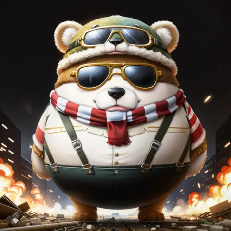 hd picture,1bear,full body,((RAW photo)),((best quality)),(photo-realistic:1.3),angry,(masterpiece),sunglasses,suspenders,hat,scarf,cartoon,the background is the battlefield of the explosion,4k,a lot of details,