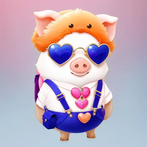 full body,1pig,((RAW photo)),((best quality)),(photo-realistic:1.3),(masterpiece),sunglasses,suspenders,gems,heart-shaped glasses,cartoon,4k,a lot of details,smile,crossbody bag,gradient color background,,<lora:chubby_20230714115856:0.6>,chibi,