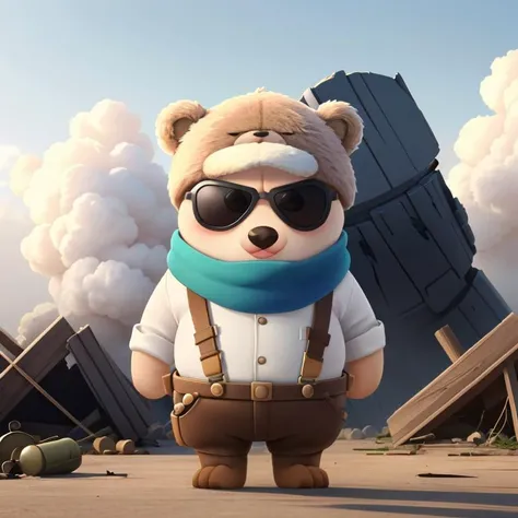 hd picture,1bear,full body,((RAW photo)),((best quality)),(photo-realistic:1.3),angry,(masterpiece),sunglasses,suspenders,hat,scarf,cartoon,the background is the battlefield of the explosion,4k,a lot of details,<lora:chubby_20230714115856:0.6>,chibi,