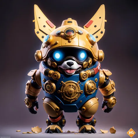 steampunk,hd picture,1dog,((RAW photo)),((best quality)),full body,(photo-realistic:1.3),angry,helmet,mecha,(masterpiece),cartoon,the background is the battlefield of the explosion,4k,a lot of details,