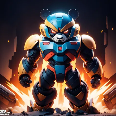transformers theme,1PANDA,hd picture,((RAW photo)),((best quality)),full body,(photo-realistic:1.3),angry,helmet,mecha,(masterpiece),cartoon,the background is the battlefield of the explosion,4k,a lot of details,
