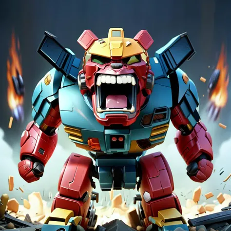 transformers theme,hd picture,1bear,((RAW photo)),((best quality)),full body,(photo-realistic:1.3),angry,helmet,mecha,(masterpiece),cartoon,the background is the battlefield of the explosion,4k,a lot of details,