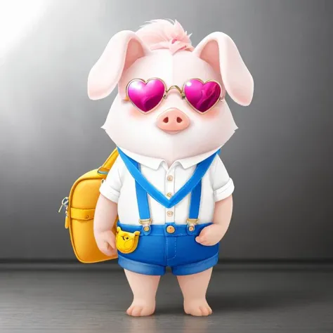 full body,1pig,((RAW photo)),((best quality)),(photo-realistic:1.3),(masterpiece),sunglasses,suspenders,gems,heart-shaped glasses,cartoon,4k,a lot of details,smile,crossbody bag,gradient color background,,<lora:chubby_20230714115856:0.6>,chibi,