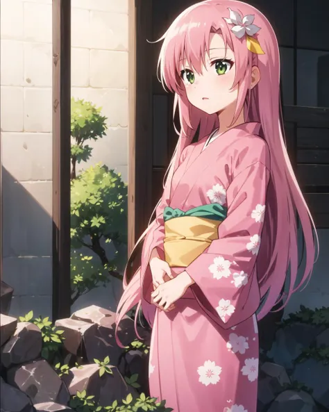 masterpiece, best quality, 1 girl, <lora:katsura:0.5>, hinagiku katsura, pink hair, green eyes, very long hair, straight hair, hair between eyes, hair ornament, yukata, anime screencap,