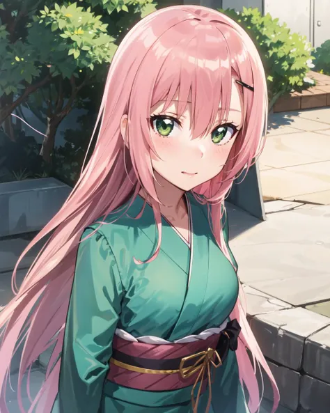 masterpiece, best quality, 1 girl, <lora:katsura:0.5>, hinagiku katsura, pink hair, green eyes, very long hair, straight hair, hair between eyes, hair ornament, yukata, anime screencap,