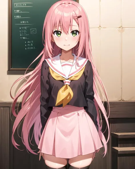 masterpiece, best quality, 1 girl, <lora:katsura:0.5>, hinagiku katsura, pink hair, green eyes, very long hair, straight hair, hair between eyes, hair ornament, hakuo school uniform, sailor collar, serafuku, red shirt, pink skirt, yellow neckerchief, long sleeves, black thighhighs, anime screencap, cowboy shot,