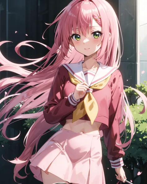 masterpiece, best quality, 1 girl, <lora:katsura:0.5>, hinagiku katsura, pink hair, green eyes, very long hair, straight hair, hair between eyes, hair ornament, hakuo school uniform, sailor collar, serafuku, red shirt, pink skirt, yellow neckerchief, long sleeves, black thighhighs, anime screencap, cowboy shot,