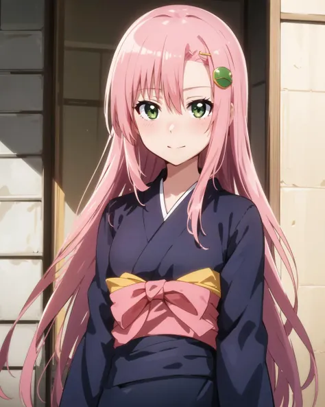masterpiece, best quality, 1 girl, <lora:katsura:0.5>, hinagiku katsura, pink hair, green eyes, very long hair, straight hair, hair between eyes, hair ornament, yukata, anime screencap,