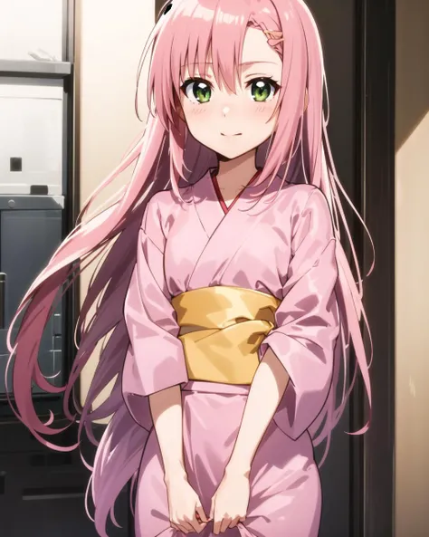 masterpiece, best quality, 1 girl, <lora:katsura:0.5>, hinagiku katsura, pink hair, green eyes, very long hair, straight hair, hair between eyes, hair ornament, yukata, anime screencap,