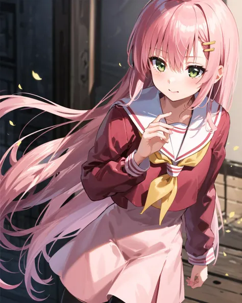 masterpiece, best quality, 1 girl, <lora:katsura:0.5>, hinagiku katsura, pink hair, green eyes, very long hair, straight hair, hair between eyes, hair ornament, hakuo school uniform, sailor collar, serafuku, red shirt, pink skirt, yellow neckerchief, long sleeves, black thighhighs, cowboy shot,