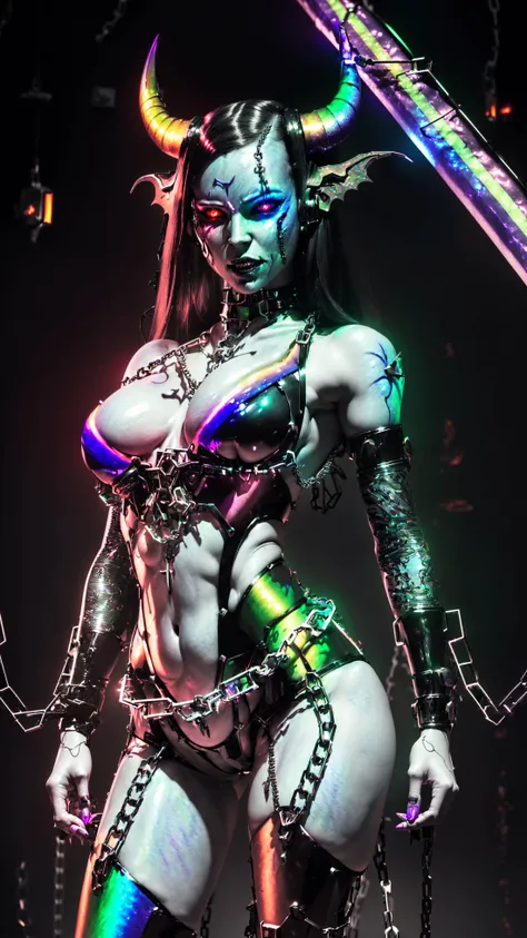 Cyborg succubus, (demon, female succubus:1.2), (rainbow skin:1.4), full body of cyborg lady, cybernetic jaw, mechanical parts, white shirt, unbottoned, black latex skirt, metal skin, glowing red eyes, cables, wires, black hair, simple background, (surrealism:1.1), (disturbing:1.1), (cottagecore), (geometric:1.2), (futurism:1.2), impressionist, (majestic:1.2), (breathtaking), (suggestive:1.3), (depressing:1.3), (enticing:1.4), (irresistible:1.4), disturbing, (fascinating:1.2), (magnetic:1.2), impossible geometry, shattered time and space, (chains attatching to body, chains, nailed wire:1.3), demon girl, succubus girl, glowing teeth