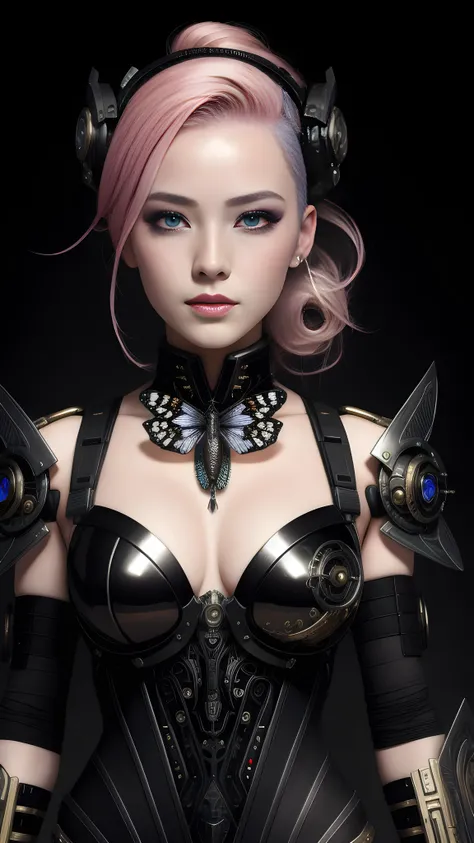 1girl, 8k portrait of beautiful cyborg with pink hair, intricate, elegant, highly detailed, majestic, digital photography, art by artgerm and ruan jia and greg rutkowski surreal painting black butterfly filigree, broken glass, (masterpiece, sidelighting, finely detailed beautiful eyes: 1.2), hdr, female, girl, sexy girl