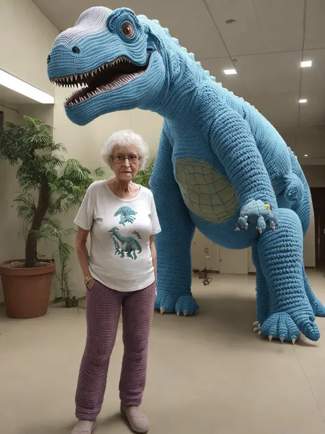 grandmother wearing t-shirt and slacks, standing next to giant (crochet dinosaur)