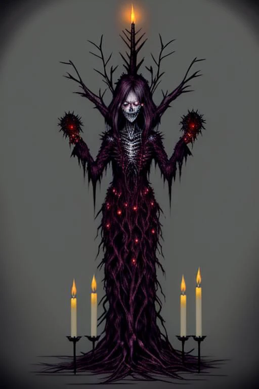Delve into the depths of terror as you depict a malevolent Christmas tree (tree:1.5) shrouded in darkness, its gnarled branches reaching out like skeletal fingers. (Flickering candlelight:1.3) casts eerie shadows on (sinister:1.3) ornaments, while a haunting specter looms in the background, sending shivers down your spine. Add Christmas decorations barely visible around the tree.