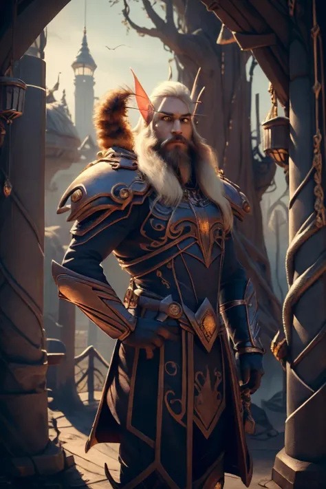 (1man:1.4), <lora:bloodelf:1> (bloodelf:1.2) pointy ears,   1man  male with  scissor cut  hairstyle and  scruffy beard  in platinum blonde  with amber  eyes  and Rounded eyebrows , noble wearing <lora:IvoryGoldAIv2:1> detailed intricate armorholding wearingtwo handed sword background portrait , In a fantasy city built within a giant hollowed-out tree, inhabited by woodland creatures, in background, realistic:1.2,  masterpeice, ultradetailed, intricate details, perfect quality, ultrashapr, ultradetailed, photorealistic, perfect shadows, profesional lights, realistic, blurry, boekh, masterpiece light works,depth of fiel, ultradetailed character, pefect quality, maximum quality, intricate details, detailed face,