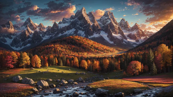 excellent oil painting of a mountain landscape in autumn, vibrant colors, powerfull style with epic dramatism, small willage, young passants and cows, river and lake, best quality, maximum quality, intricate details, ultrasahrp, ambient oclusion, realistic shadows, art by Bastien Lecouffe Deharme, 8k, oil art, <lora:add_detail:1> <lora:royta v1.1:0.4>8k perfect quality, dramatic magic wind with blowing leafs and flowers