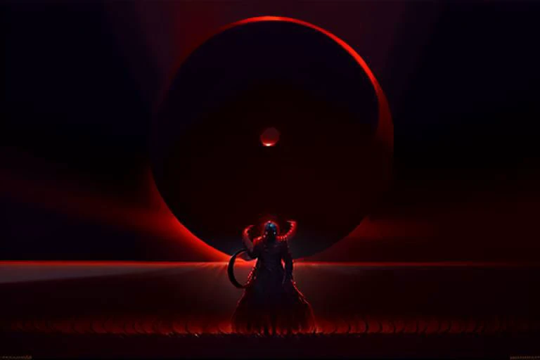 A haunting masterpiece (masterpiece:1.3) of dark fantasy art captures the climactic moment of the eclipse in Berserk. The focus is on the tortured protagonist, Guts (Guts:1.2), standing amidst a chaotic swirl of demonic entities (chaotic:1.1). The sky is ablaze with a blood-red hue (blood-red sky:1.2), as the moon is partially obscured by the ominous eclipse (eclipse:1.3). Guts, wielding his massive sword, stands defiantly against the overwhelming darkness (defiant:1.1), his face marked with determination (determined expression:1.1). The scene is filled with a sense of impending doom (impending doom:1.2), as the world around Guts crumbles and transforms into a nightmarish realm. This stunning artwork is the creation of renowned anime artist Kentaro Miura (Kentaro Miura:1.3), known for his intricate and detailed illustrations.