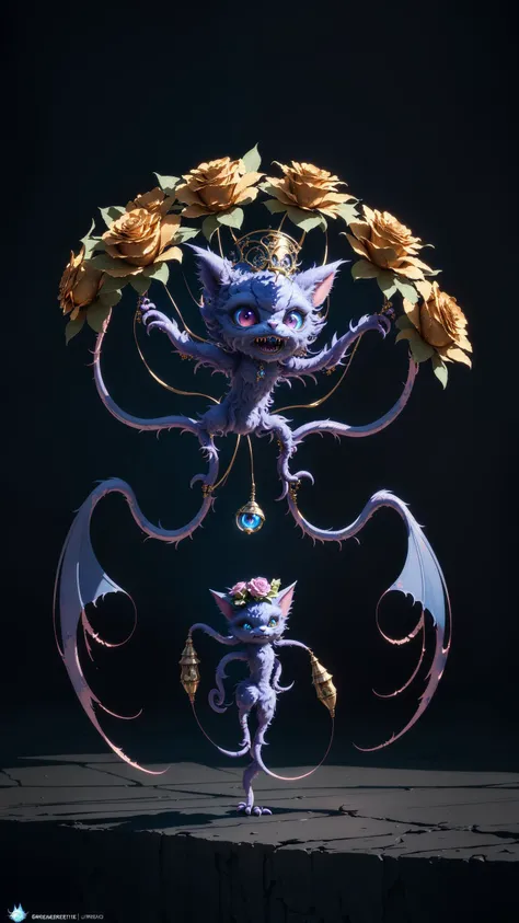Excellence masterpiece in overfit style Cinematic Shot of a {strange cute [baby:0.5] small imp [wraith beast:0.125] (displacer creature from nightmares:1.25), blue fluffy, solo}, (outdoors detailed background:1.25), by (sorserob:1.36), amazing, trending on artstation, 4k textures, ultra detailed, Anato Finnstark style painting of happy anthropomorphic kitten holding roses bouquet and wearing fancy hat surrounded by pretty flowers in summer morning BREAK  (professional painting, dynamic pose, dynamic composition, dynamic lighting, realistic proportions, extreme detailed, intricate details, hdr, raytracing, ultra detailed, highly detailed atmosphere, highly detailed textures)