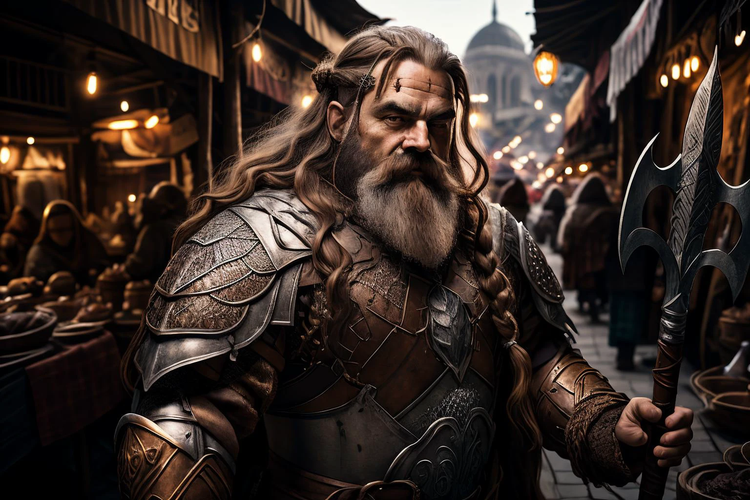 <lora:RPGDwarf:1> dwarf:1.2, 1man male with long wavy locks hairstyle and Landing Strip in chocolate with Chestnut eyes eyes and Thick eyebrows , gladiator wearing chainmail <lora:chainmail:1> holding trident background portrait , In a bustling market in a city floating on water, with merchants selling magical artifacts, in background, realistic:1.2, masterpeice, ultradetailed, intricate details, perfect quality, ultrashapr, ultradetailed, photorealistic, perfect shadows, profesional lights, realistic, blurry, boekh, masterpiece light works,depth of fiel, ultradetailed character, pefect quality, maximum quality, intricate details, detailed face, realistic lights, realistic shadows, profesional photo