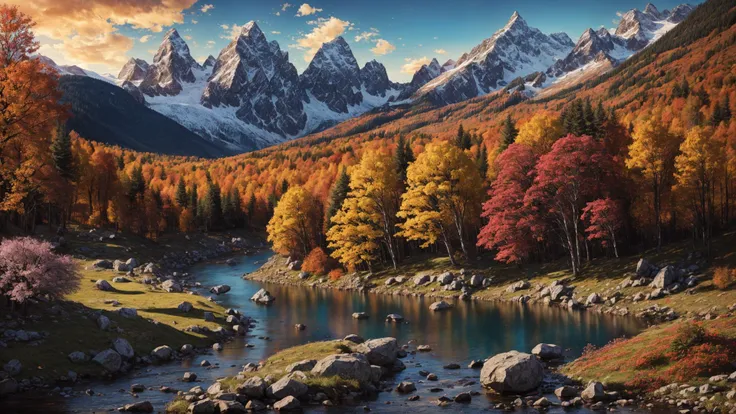 excellent oil painting of a mountain landscape in autumn, vibrant colors, powerfull style with epic dramatism,  small willage, young passants and cows, river and lake, best quality, maximum quality, intricate details, ultrasahrp, ambient oclusion, realistic shadows, art by Bastien Lecouffe Deharme, 8k, oil art,  <lora:add_detail:1> <lora:royta v1.1:0.4>8k perfect quality, dramatic magic wind with blowing leafs and flowers