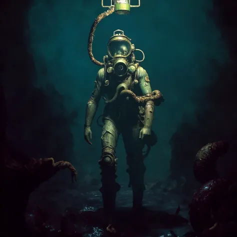 underwater, low gamma, (Standard diver dress), old fashioned deep sea diver holding lantern, bulky steampunk diver suit, large round pressurized diver helmet, dark ocean floor, muddy, oily, murky water, flanked by black mollusk tentacles, deep seaweed, low visibility, greenish dark water <lora:bodhor:0.666> <lora:LowRA:0.666>