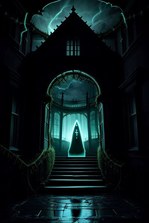 Create an image of a grand, neglected Victorian mansion at (((twilight:1.2))), set against a (((stormy sky:1.1))). The mansion should exhibit Gothic features like turrets, pointed arches, and ornate windows, with (((vines creeping up its walls:1.3))). A few lights flicker within, casting uncertain shadows.
Focus on the mansion's slightly ajar front door, with an old-fashioned lantern swaying in the wind beside it, casting a (((ghostly glow:1.4))). To the side, show a small basement window, partially open, revealing (((stone steps leading into darkness:1.3))), the steps appearing slick and treacherous.
The overcast sky should feature dark, (((roiling clouds:1.2))), and bare trees sway in the wind, their branches casting (((eerie shadows:1.1))). Include faint, ghostly figures or shadowy forms in the windows or near the image's edges, suggesting a (((supernatural presence:1.5))), but keep these elements subtle.
In the foreground, the protagonist's silhouette faces the mansion, conveying determination mixed with apprehension, possibly holding a flashlight:1.4.
Use a dark and moody color palette with muted tones, (punctuated by faint lights from the windows or lantern:1.2), to give the image a haunted, timeless feel.
This image should evoke curiosity and foreboding, aligning with the supernatural and unknown themes of the story.
