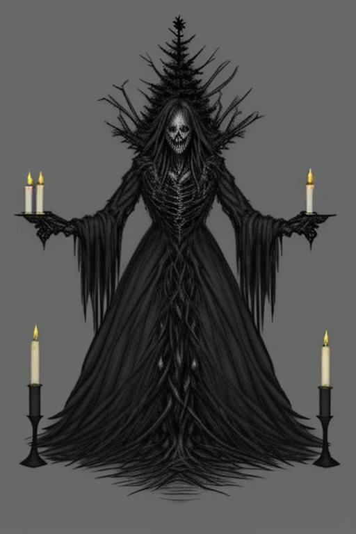 Delve into the depths of terror as you depict a malevolent Christmas tree (tree:1.5) shrouded in darkness, its gnarled branches reaching out like skeletal fingers. (Flickering candlelight:1.3) casts eerie shadows on (sinister:1.3) ornaments, while a haunting specter looms in the background, sending shivers down your spine. Add Christmas decorations barely visible around the tree.