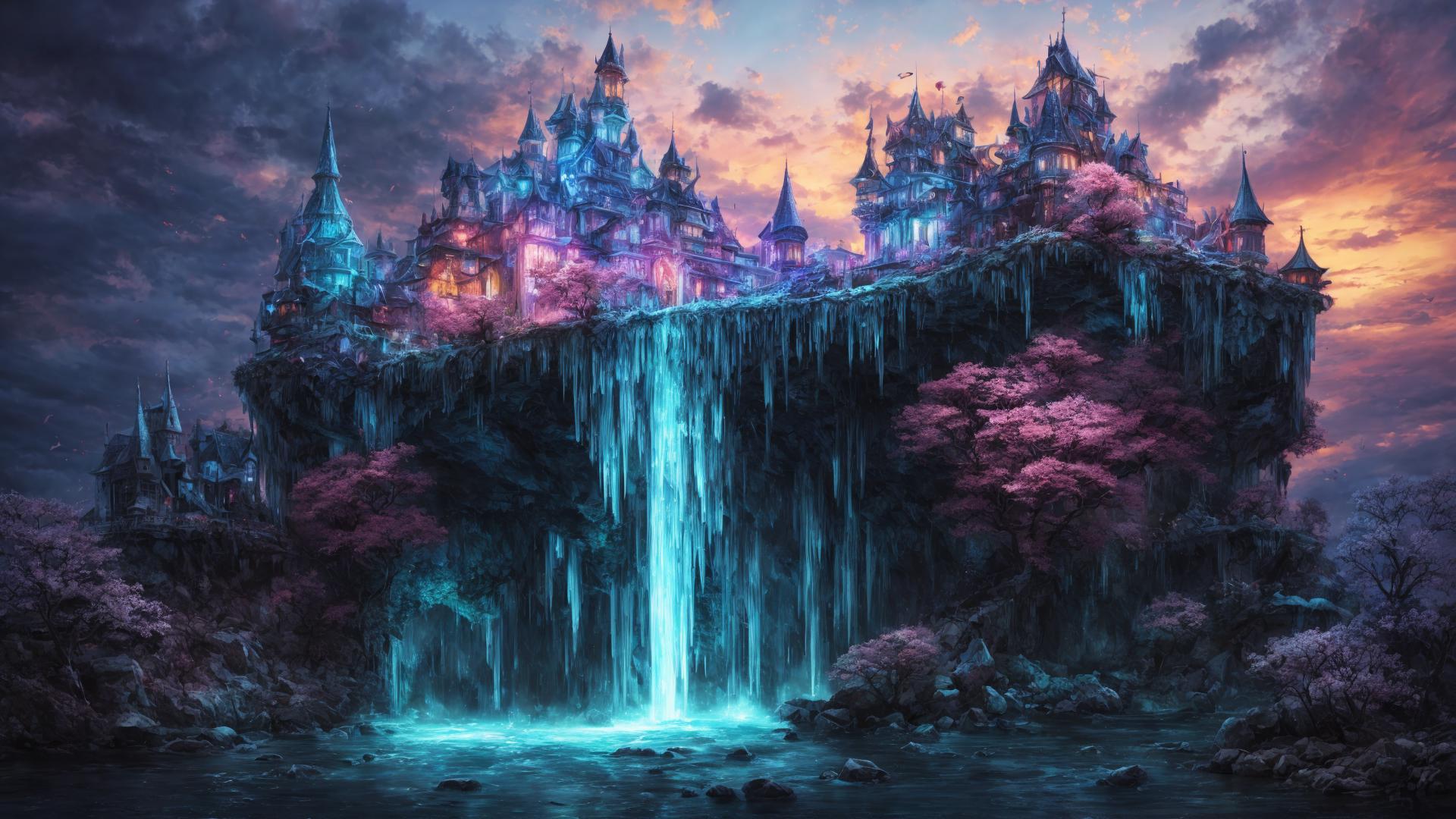 A waterfall in the middle of a forest with a castle in the background ...