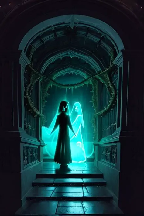 Create an image of a grand, neglected Victorian mansion at (((twilight:1.2))), set against a (((stormy sky:1.1))). The mansion should exhibit Gothic features like turrets, pointed arches, and ornate windows, with (((vines creeping up its walls:1.3))). A few lights flicker within, casting uncertain shadows.
Focus on the mansion's slightly ajar front door, with an old-fashioned lantern swaying in the wind beside it, casting a (((ghostly glow:1.4))). To the side, show a small basement window, partially open, revealing (((stone steps leading into darkness:1.3))), the steps appearing slick and treacherous.
The overcast sky should feature dark, (((roiling clouds:1.2))), and bare trees sway in the wind, their branches casting (((eerie shadows:1.1))). Include faint, ghostly figures or shadowy forms in the windows or near the image's edges, suggesting a (((supernatural presence:1.5))), but keep these elements subtle.
In the foreground, the protagonist's silhouette faces the mansion, conveying determination mixed with apprehension, possibly holding a flashlight:1.4.
Use a dark and moody color palette with muted tones, (punctuated by faint lights from the windows or lantern:1.2), to give the image a haunted, timeless feel.
This image should evoke curiosity and foreboding, aligning with the supernatural and unknown themes of the story.
