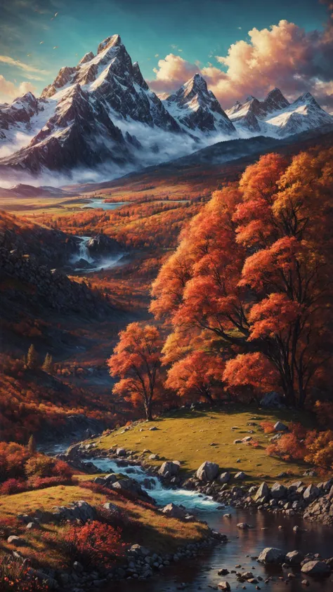 excellent oil painting of a mountain landscape in autumn, vibrant colors, powerfull style with epic dramatism, small willage, young passants and cows, river and lake, best quality, maximum quality, intricate details, ultrasahrp, ambient oclusion, realistic shadows, art by Bastien Lecouffe Deharme, 8k, oil art, <lora:add_detail:1> <lora:royta v1.1:0.4>8k perfect quality, dramatic magic wind with blowing leafs and flowers