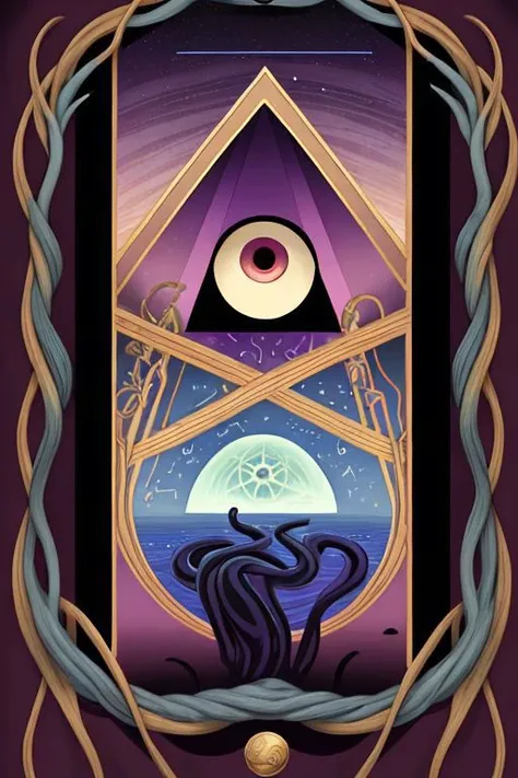 Tarot card design for the magician card with Robert Anton Wilson wearing wizard robes holding a magic wand in one hand and a shiny golden apple with the letter  k  on it in the other, in the desert, in the background a huge translucent pyramid with a gigantic eye at its center and a multitude of long tentacles and tendrils wriggling in all directions, ornate border made of writhing tentacles, dark vaporwave color palette,