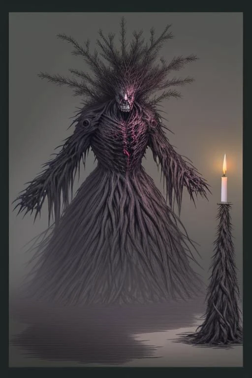 Delve into the depths of terror as you depict a malevolent Christmas tree (tree:1.5) shrouded in darkness, its gnarled branches reaching out like skeletal fingers. (Flickering candlelight:1.3) casts eerie shadows on (sinister:1.3) ornaments, while a haunting specter looms in the background, sending shivers down your spine. Add Christmas decorations barely visible around the tree.