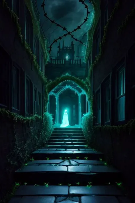 Create an image of a grand, neglected Victorian mansion at (((twilight:1.2))), set against a (((stormy sky:1.1))). The mansion should exhibit Gothic features like turrets, pointed arches, and ornate windows, with (((vines creeping up its walls:1.3))). A few lights flicker within, casting uncertain shadows.
Focus on the mansion's slightly ajar front door, with an old-fashioned lantern swaying in the wind beside it, casting a (((ghostly glow:1.4))). To the side, show a small basement window, partially open, revealing (((stone steps leading into darkness:1.3))), the steps appearing slick and treacherous.
The overcast sky should feature dark, (((roiling clouds:1.2))), and bare trees sway in the wind, their branches casting (((eerie shadows:1.1))). Include faint, ghostly figures or shadowy forms in the windows or near the image's edges, suggesting a (((supernatural presence:1.5))), but keep these elements subtle.
In the foreground, the protagonist's silhouette faces the mansion, conveying determination mixed with apprehension, possibly holding a flashlight:1.4.
Use a dark and moody color palette with muted tones, (punctuated by faint lights from the windows or lantern:1.2), to give the image a haunted, timeless feel.
This image should evoke curiosity and foreboding, aligning with the supernatural and unknown themes of the story.