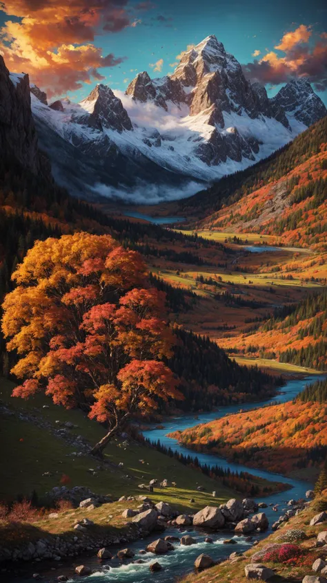 excellent oil painting of a mountain landscape in autumn, vibrant colors, powerfull style with epic dramatism, small willage, young passants and cows, river and lake, best quality, maximum quality, intricate details, ultrasahrp, ambient oclusion, realistic shadows, art by Bastien Lecouffe Deharme, 8k, oil art, <lora:add_detail:1> <lora:royta v1.1:0.4>8k perfect quality, dramatic magic wind with blowing leafs and flowers