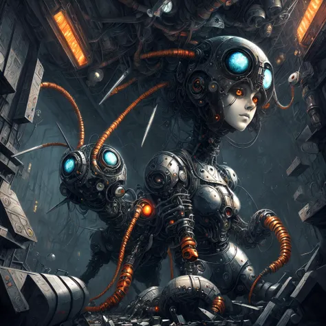 detailed, glowing, mechanical eyes, orange