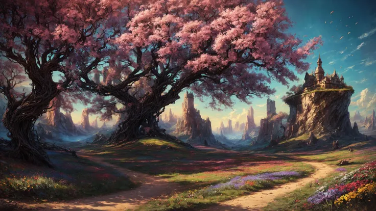 excellent oil painting of a landscape, vibrant colors, powerfull style with epic dramatism,  small willage, mistery land, best quality, maximum quality, intricate details, ultrasahrp, ambient oclusion, realistic shadows, art by Bastien Lecouffe Deharme, 8k, oil art,  <lora:add_detail:1> <lora:royta v1.1:0.4>8k perfect quality, dramatic magic wind with blowing leafs and flowers