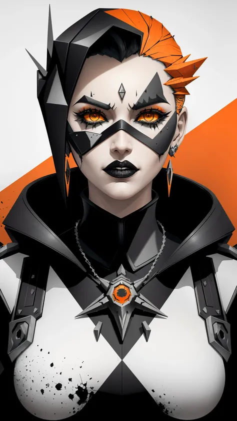 A poster of the Junker Queen from Overwatch, in the style of Dau-al-Set, Pollock, and inspired by MAPPA and Zdzislaw Beksinski. The poster features a close-up of the Junker Queen's face, with bold, abstract brushstrokes in shades of red, orange, and yellow. The background is a chaotic, abstract landscape with jagged, geometric shapes in shades of black, white, and gray. The overall effect is both beautiful and unsettling, capturing the essence of the Junker Queen's fierce and unpredictable nature