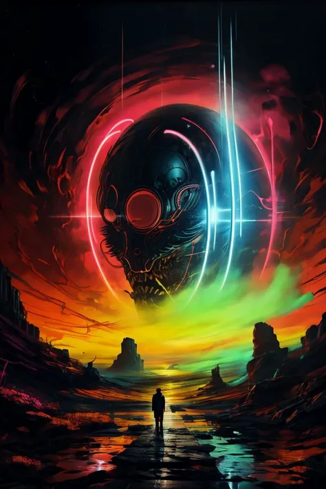 (ombre color scheme of neon pink, neon blue, neon green, neon yellow, neon yellow-red), surrealism painting of a man standing on a cliff with a giant orange ring in the sky above him and a man standing on a cliff, Beksinski, sci fi, a digital painting, psychedelic art <lora:add_detail:0.7> <lora:EdobHorrorLandscape_v1.0:0.97> EdobHorrorLandscape, subsurface scattering, ultra hd, 4k, high def, Photorealistic, Hyperrealistic, Hyper detailed, analog style, realistic, masterpiece, best quality, ultra realistic, 8k, Intricate, High Detail, film photography, soft lighting, heavy shadow